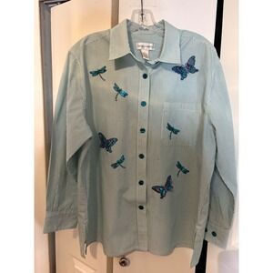VTG Y2K Draper & Damons Size L Butterfly & Dragonfly Embellished Top – Cotton/Po
